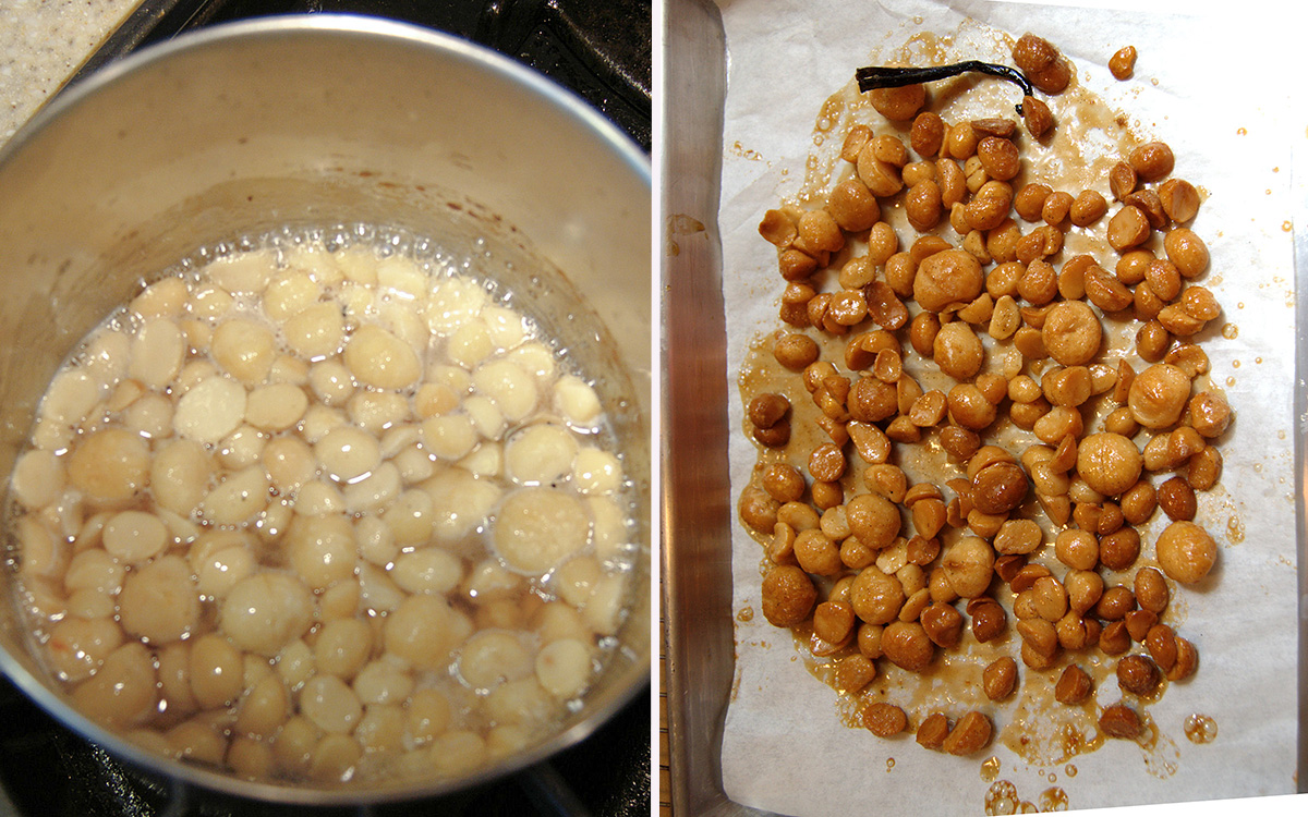 a pot filled with boiling macadamia nuts. A baking sheet with caramelized macadamia nuts.