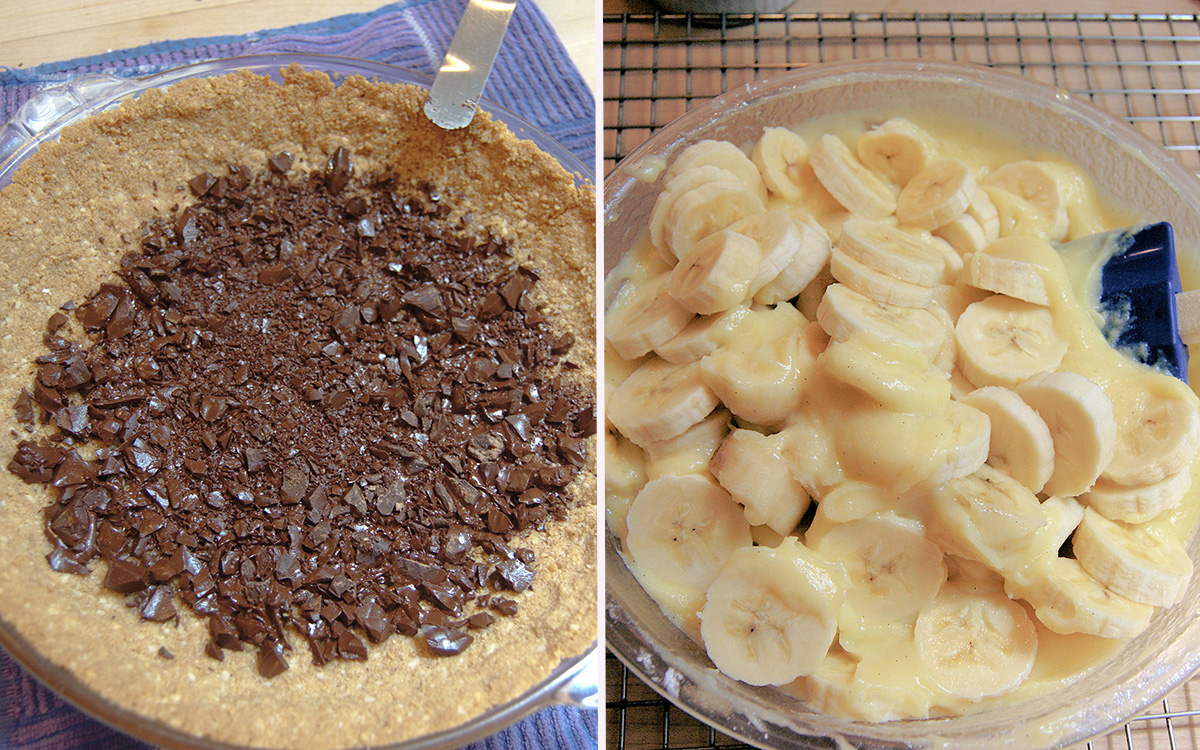 a pie crust with chocolate. A bowl of custard with sliced bananas.