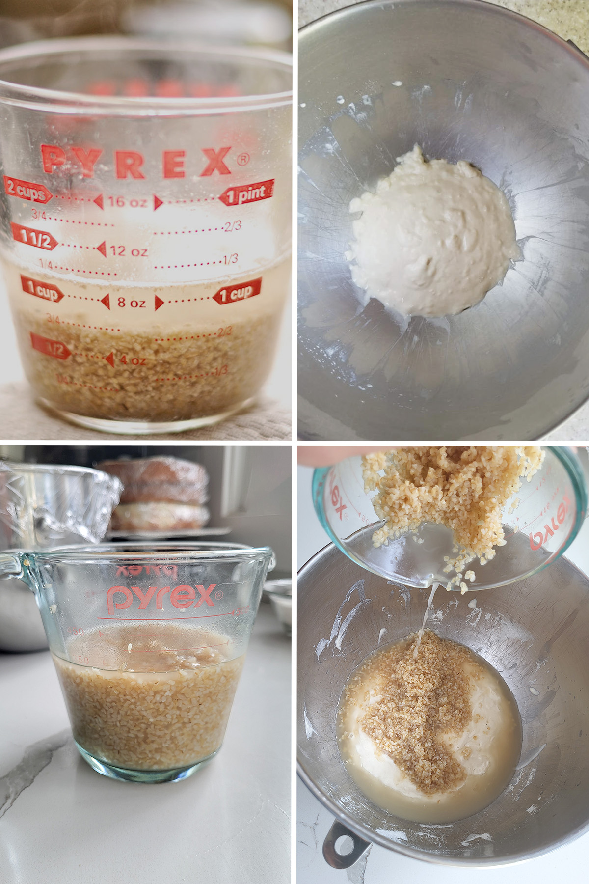 a cup with soaking grains. a mixing bowl with bread sponge. Adding grains to bread sponge.