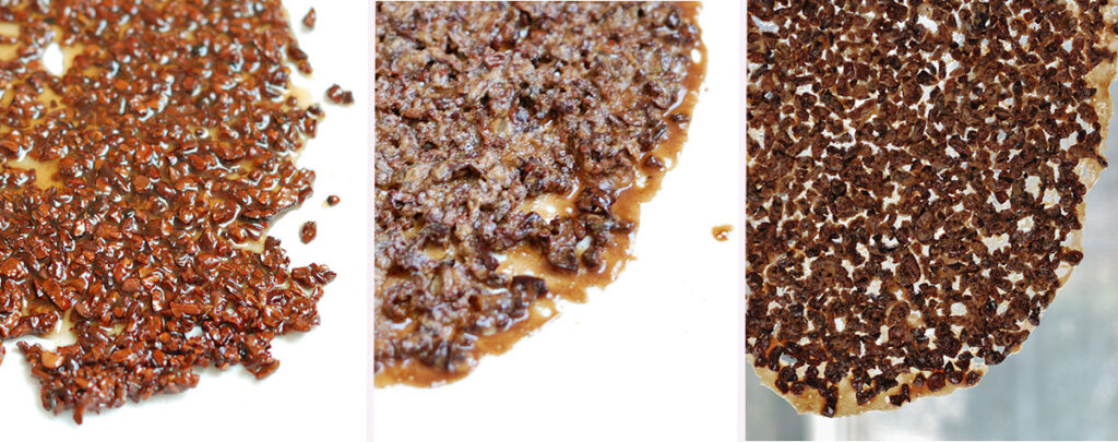 three photos showing candied cocoa nibs. 