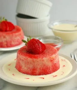 a rhubarb summer pudding with vanilla sauce on a plate