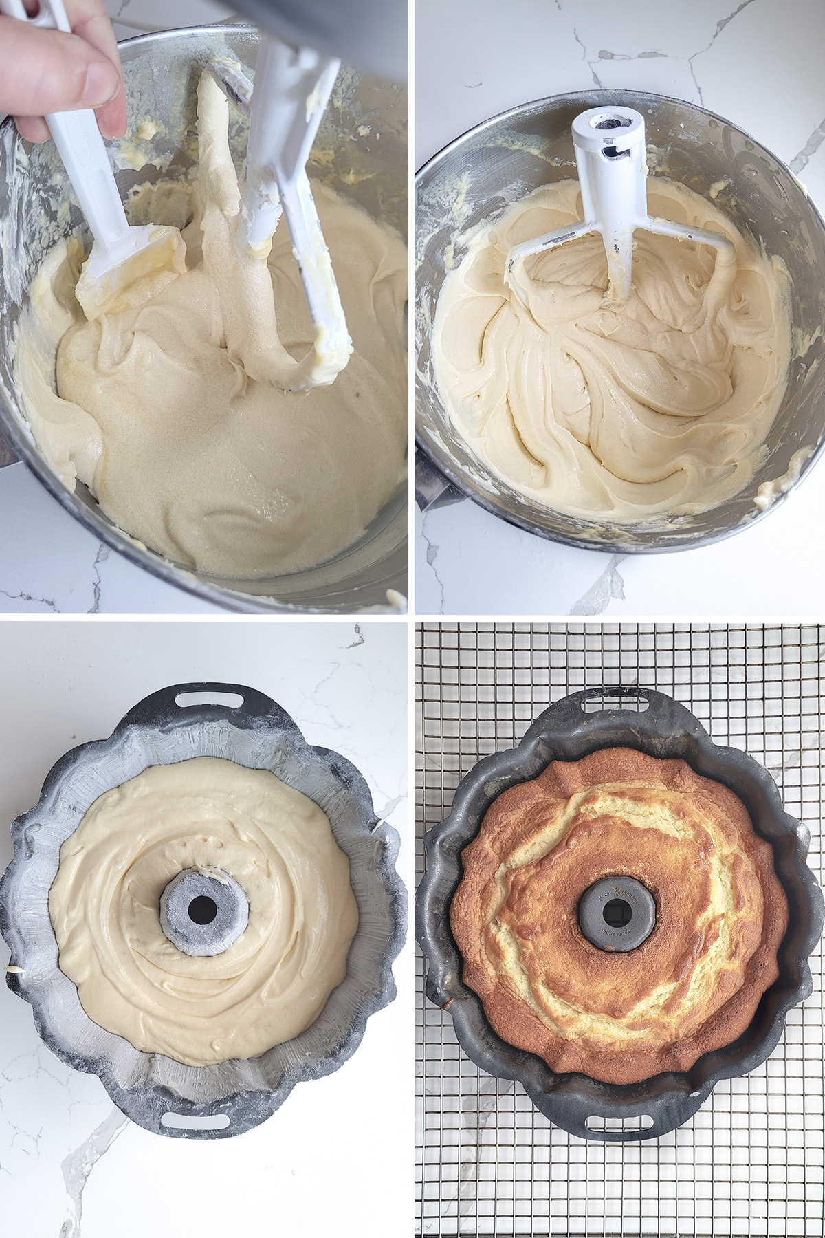 Buttermilk cake batter in a mixing bowl and in a bundt cake pan before and after baking.