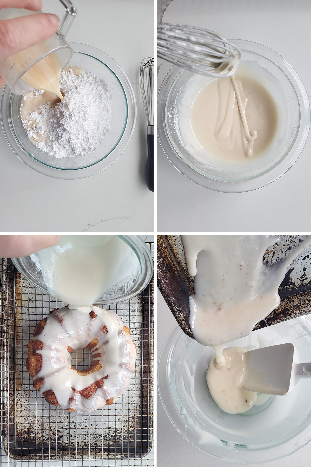 powdered sugar glaze in a glass bowl. Glaze pouring over a bundt cake.