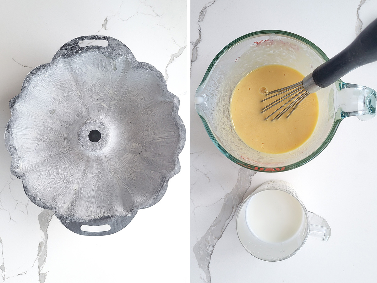 a buttered and floured bundt cake pan. A glass measuring cup with eggs and buttermilk.