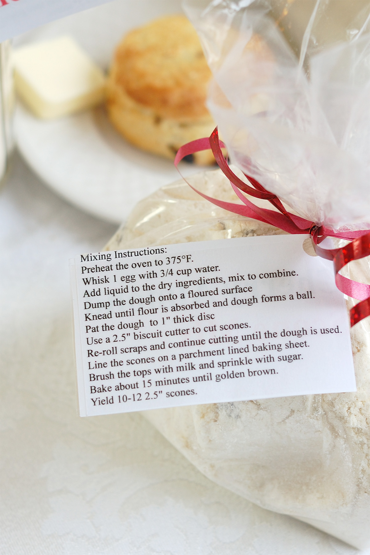 a bag of scone with with an instruction tag attached.