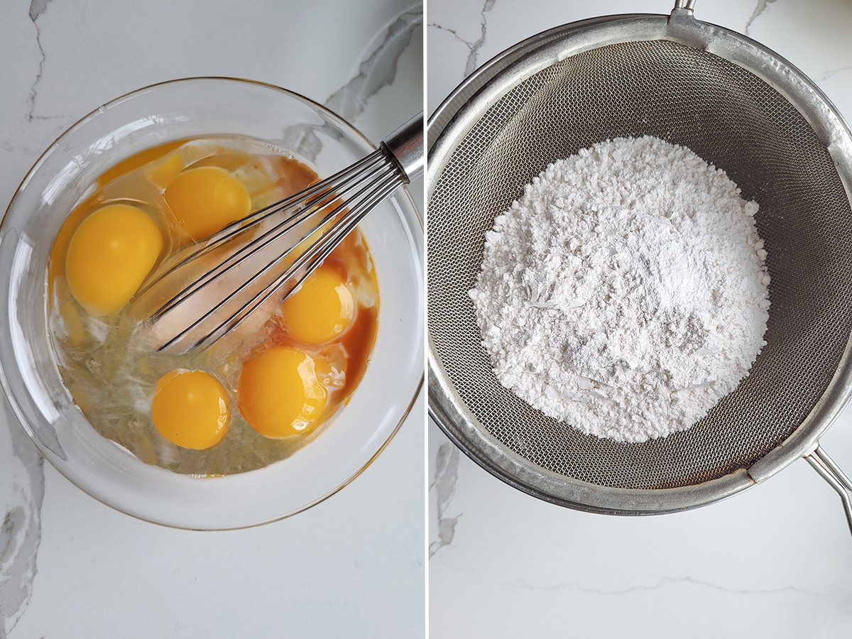 a bowl of egg and a sifter with flour.