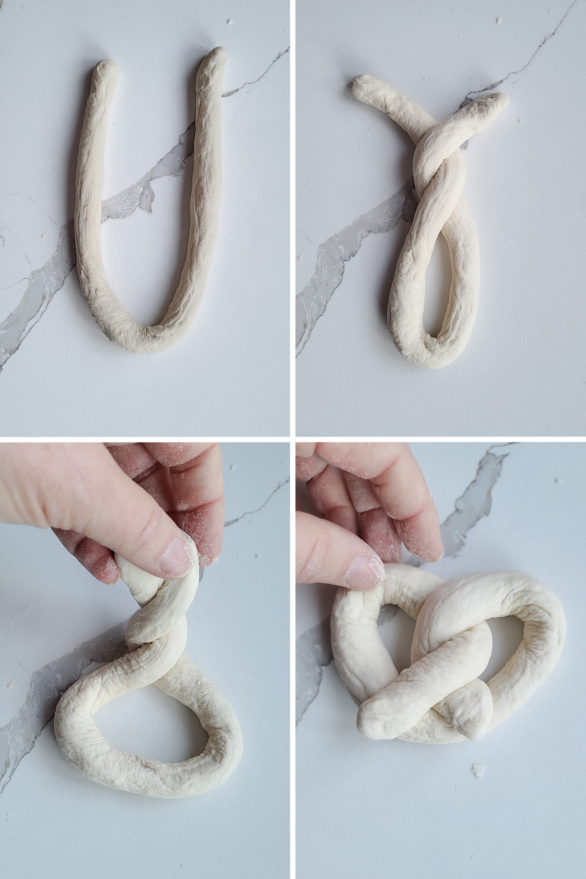 A rope of dough, a twist of dough, a hand forming a pretzel.