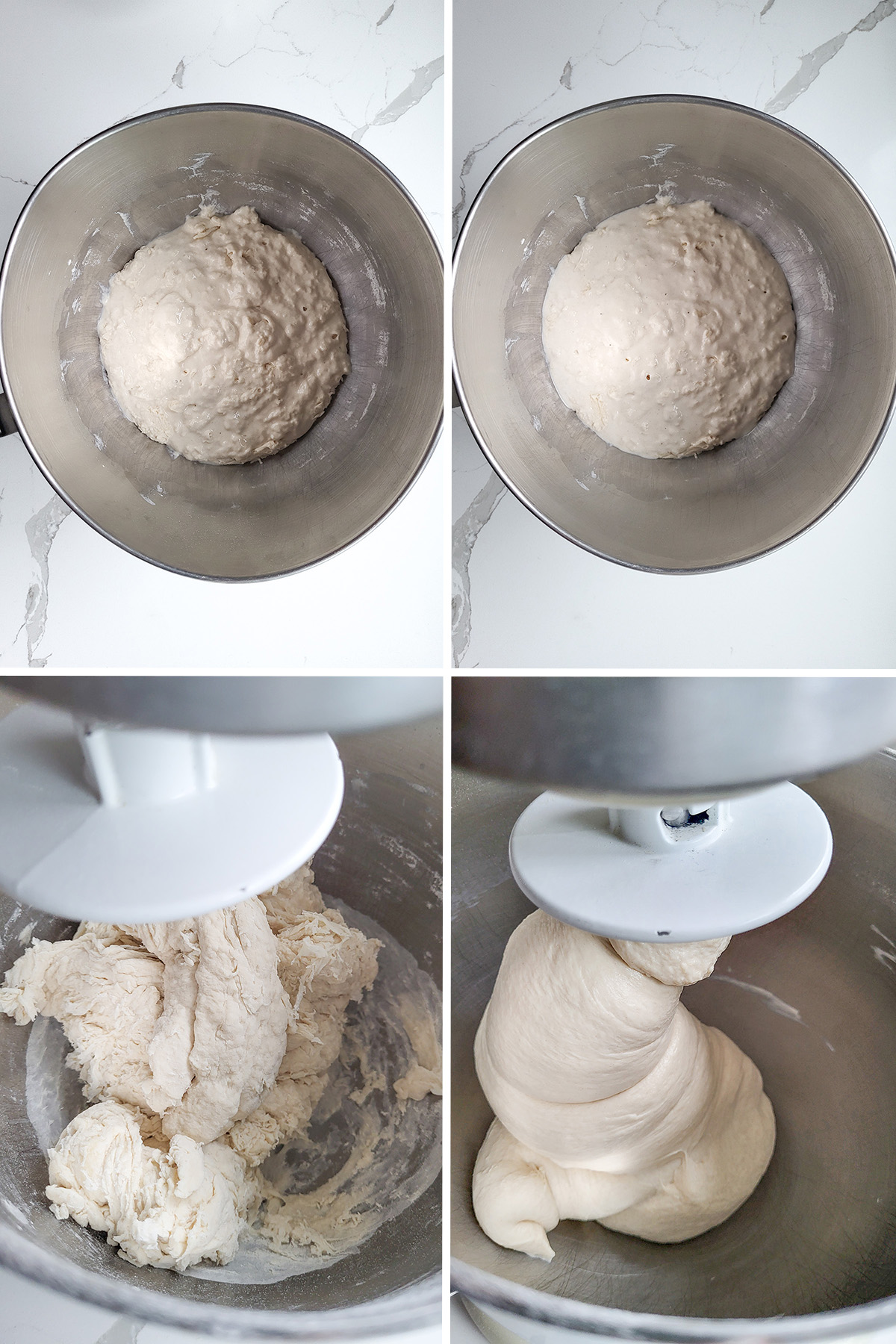 sourdough starter in a metal bowl. Sourdough pretzel dough in a mixing bowl.