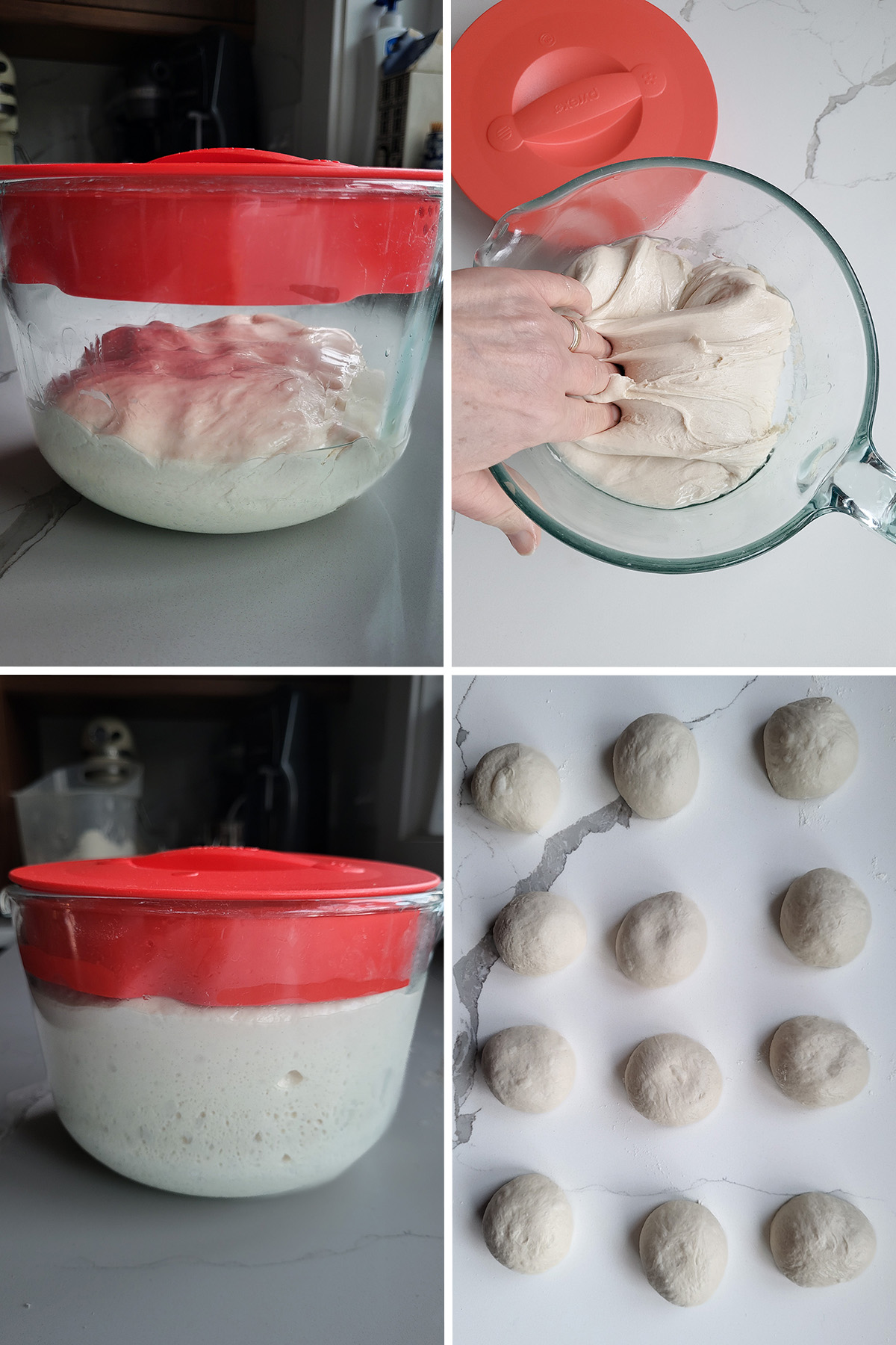 Sourdough pretzel dough in a glass bowl before and after rising. A hand folding the dough. 12 dough balls.