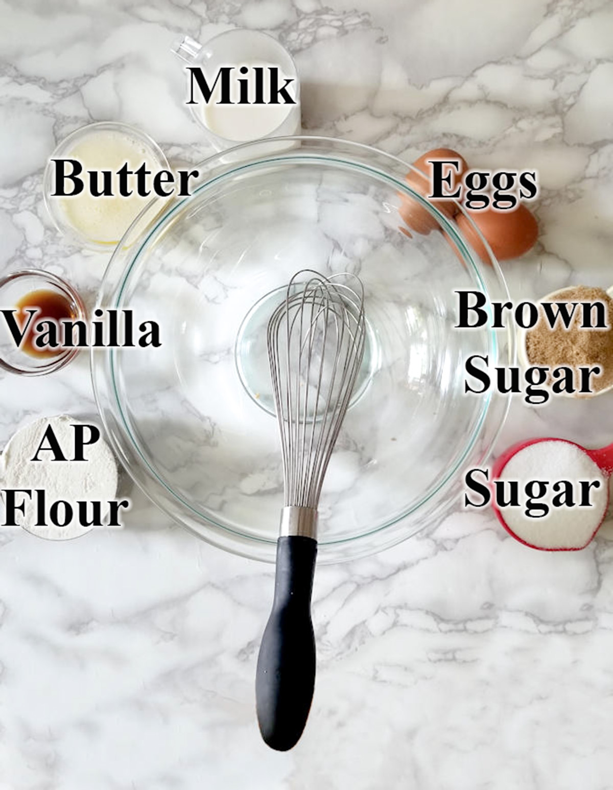 ingredients for ice cream cones in glass bowls.