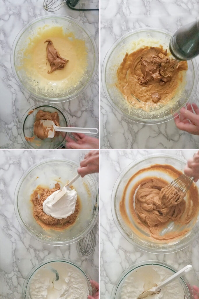 Combining whipped egg yolks and peanut butter in a glass bowl.