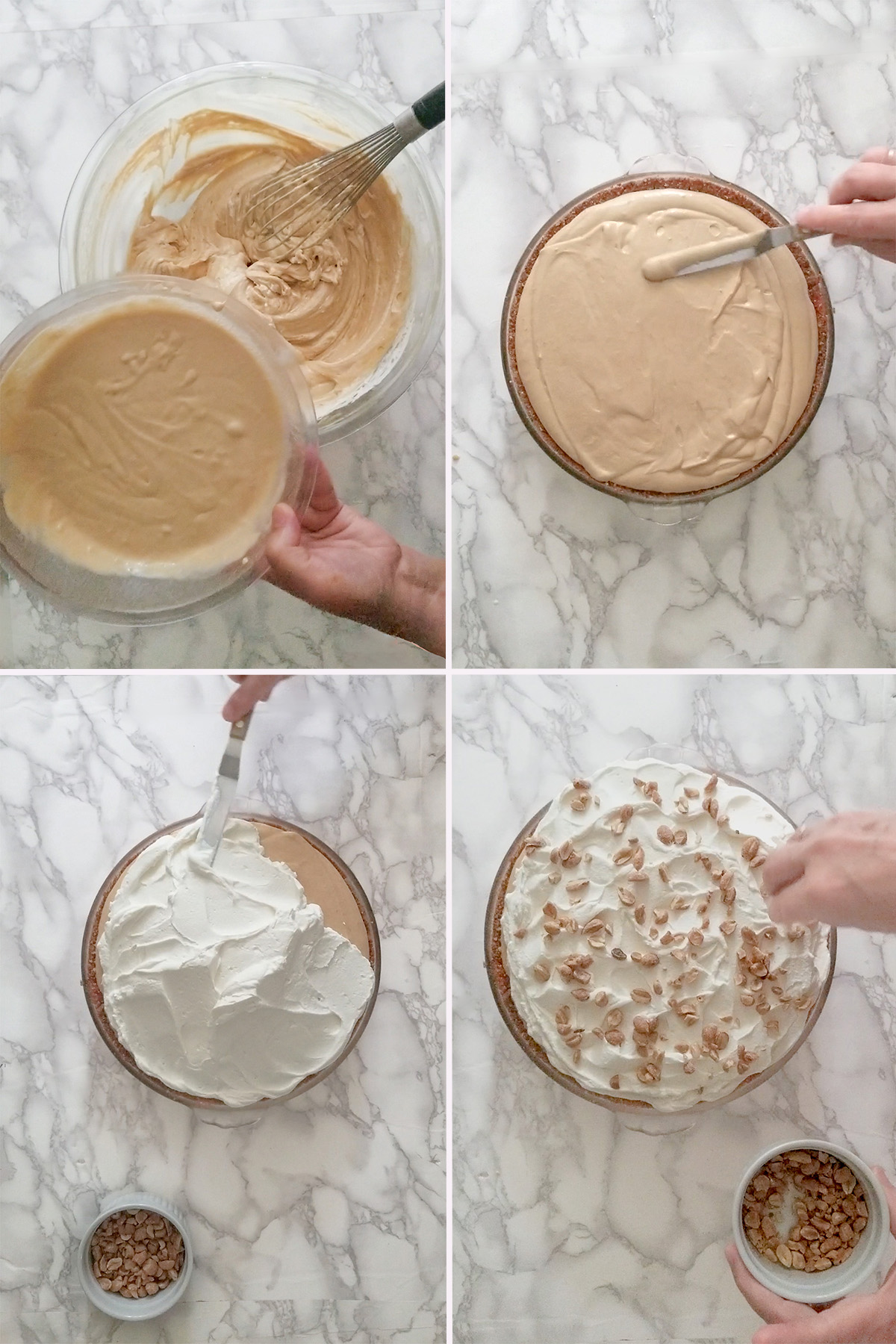 Whisking gelatin into peanut butter mousse. Filling a pie crust with mousse. Topping a pie with cream and nuts.