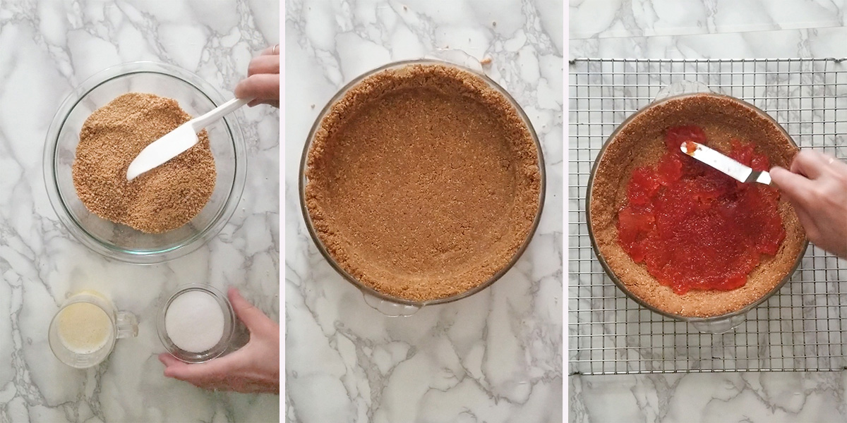 Graham cracker crumbs in a bowl and a pie plate. Jelly spread in a pie crust. 