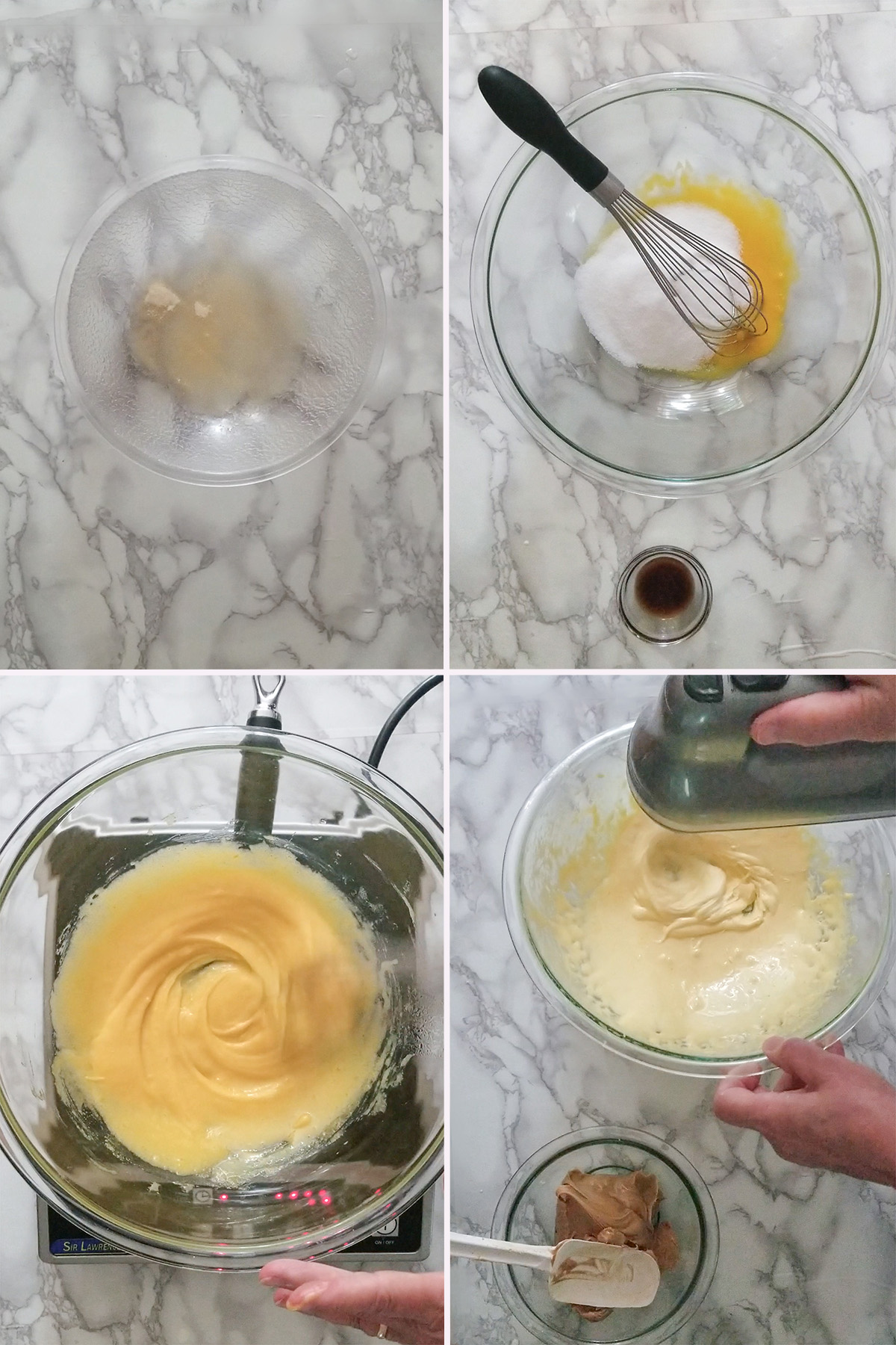 gelatin in a bowl. Egg yolks and sugar whipped in a bowl.