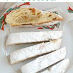 a pinterest image for almond filled stollen with text overlay.