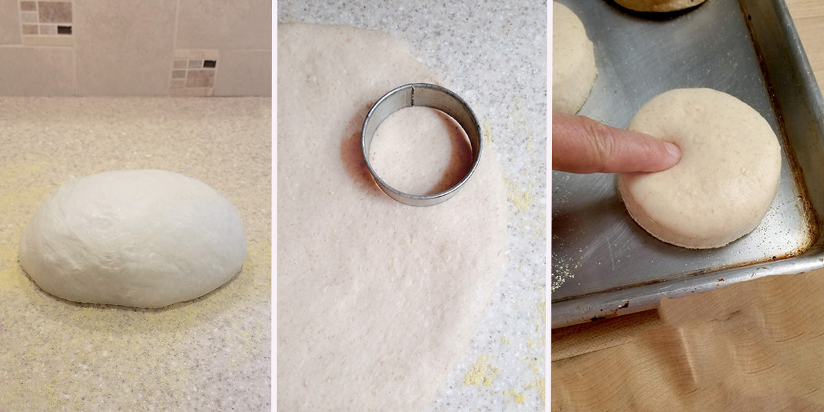 photo collage showing dough being rolled, cut and on a sheet pan.