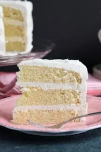 a slice of vanilla buttermilk layer cake on a pink plate