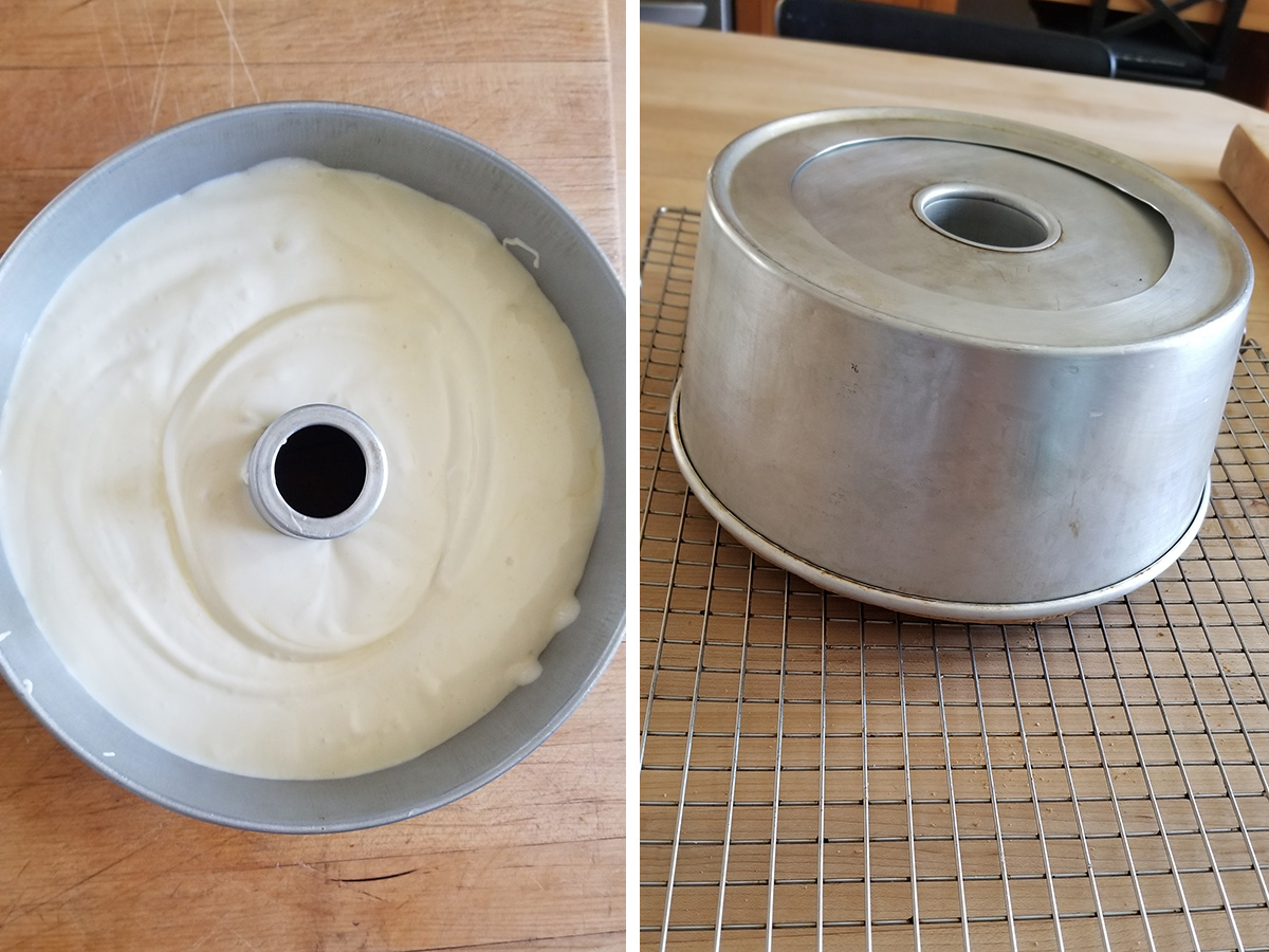 cake batter in a tube pan. An upside down tube pan on a cooling rack.