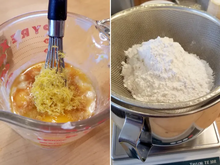 a measuring cup filled with eggs, yogurt and lemon zest and a sifter over a mixing bowl filled with flour