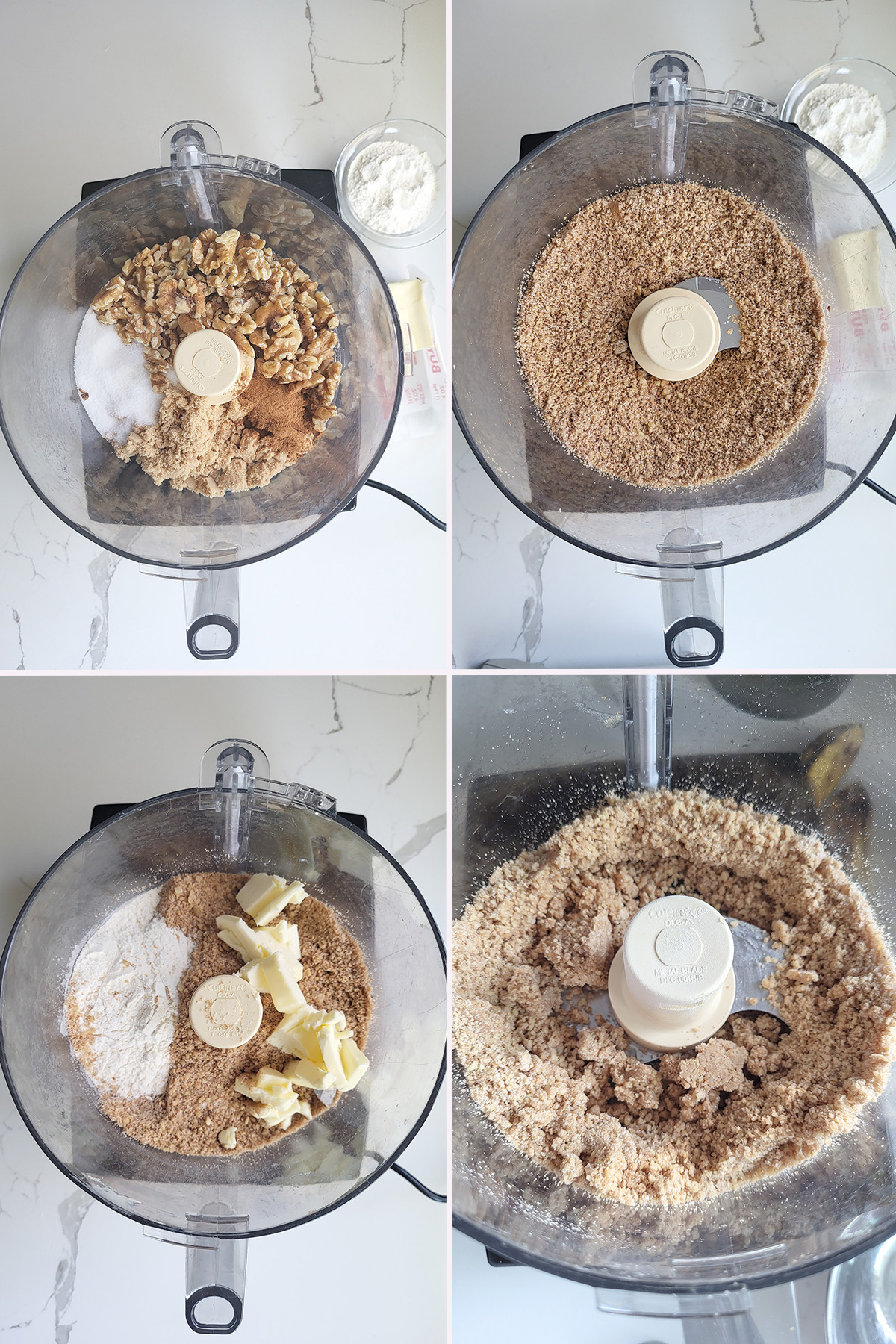 ingredients for walnut streusel in a food processor.