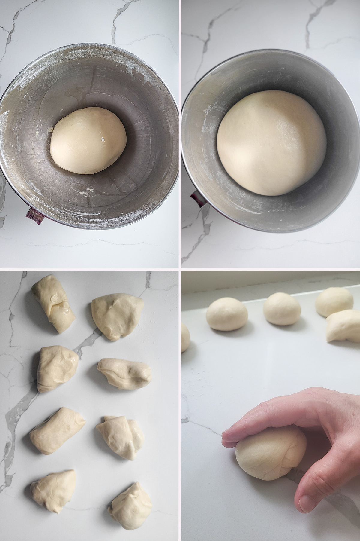 Bread dough in a mixing bowl before and after rising. Pieces of dough rolled into balls.