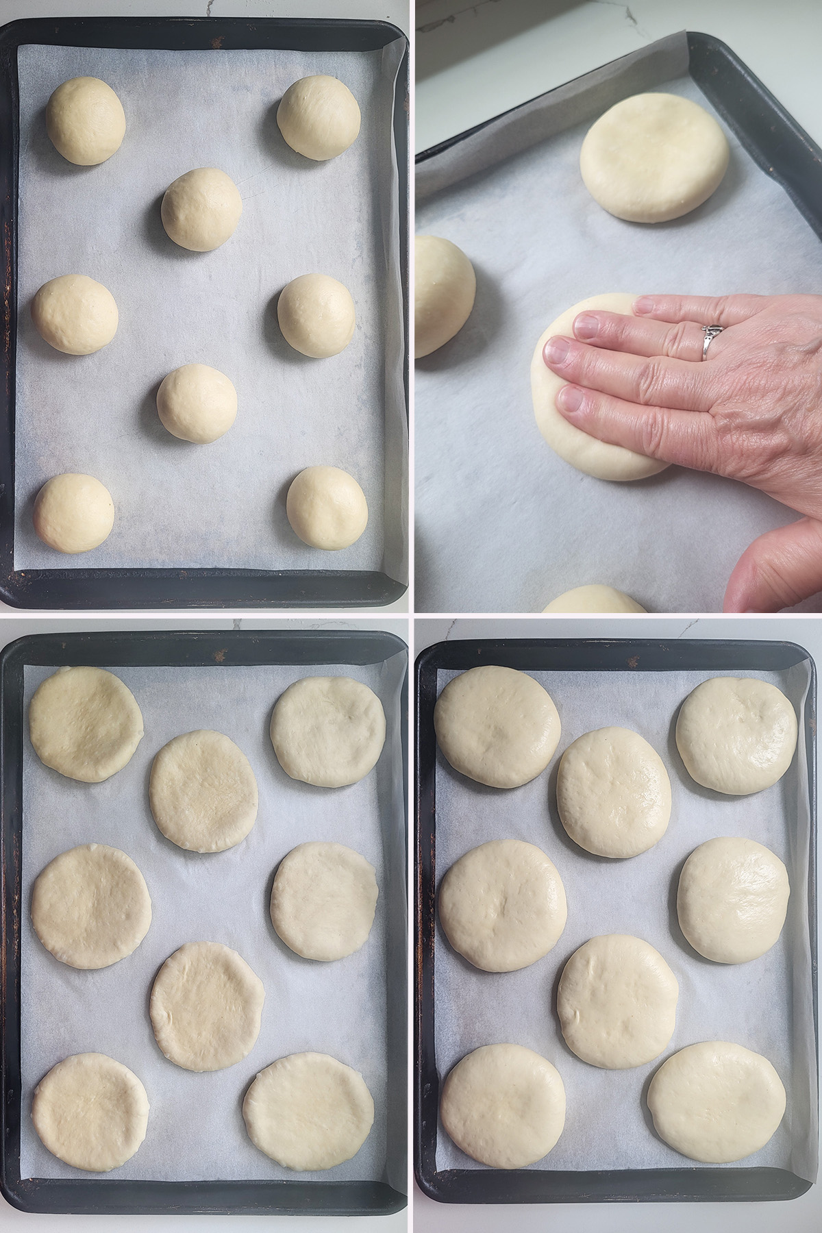 forming dough balls into burger buns. Burger buns on a baking pan before and after rising.