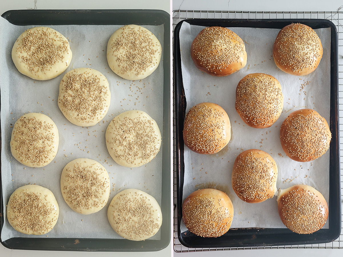 Burger buns on a baking sheet before and after baking.