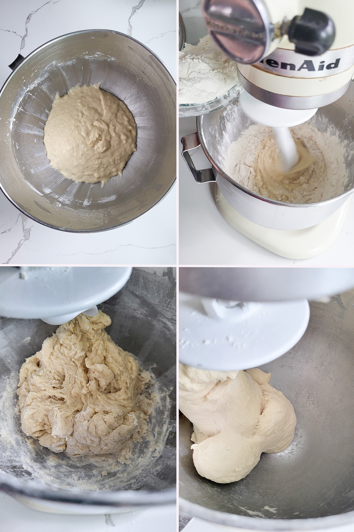 hamburger bun dough in a mixer with dough hook.