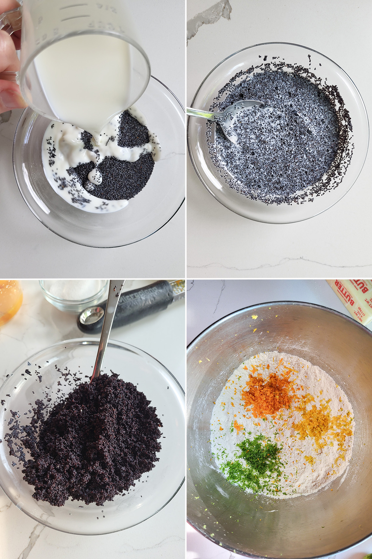poppy seeds soaking in milk. Dry cake ingredients with citrus zest in a bowl.