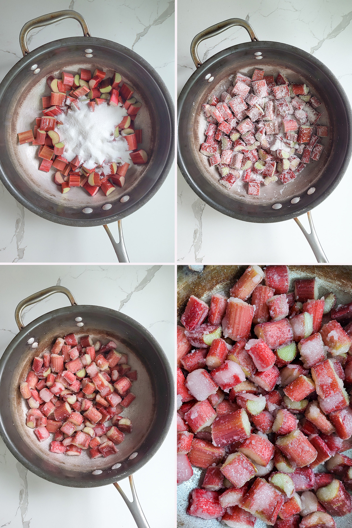 four photos showing rhubarb with  sugar as it macerates.