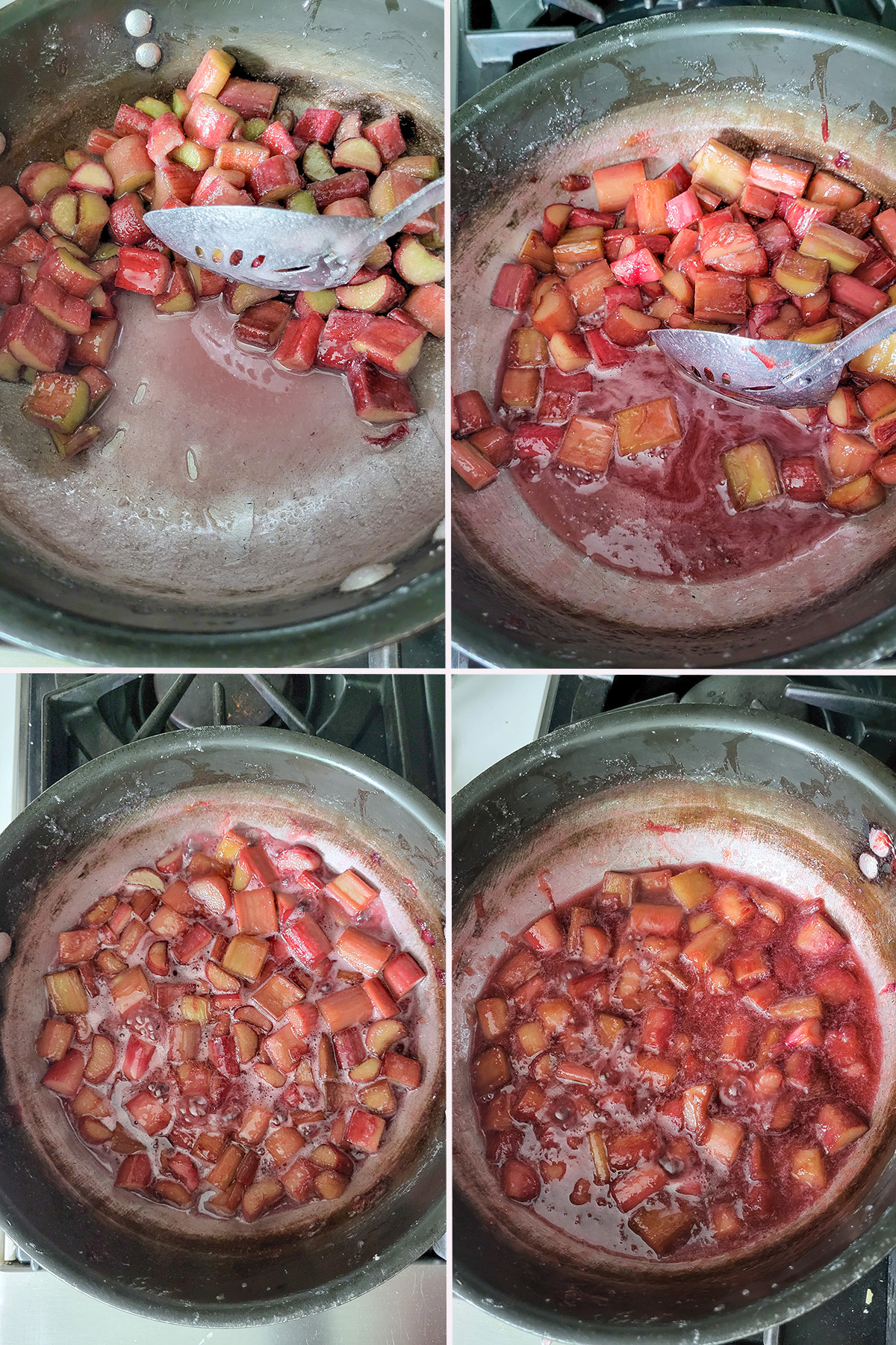 four photos showing rhubarb compote cooking.