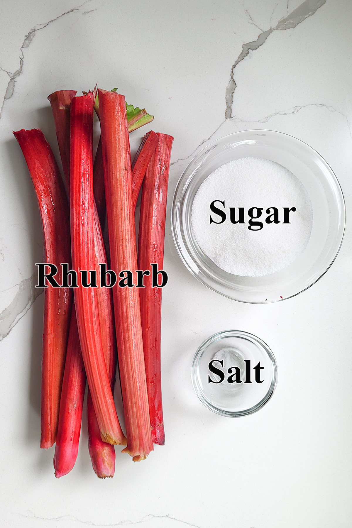 ingredients for rhubarb compote in glass bowls.