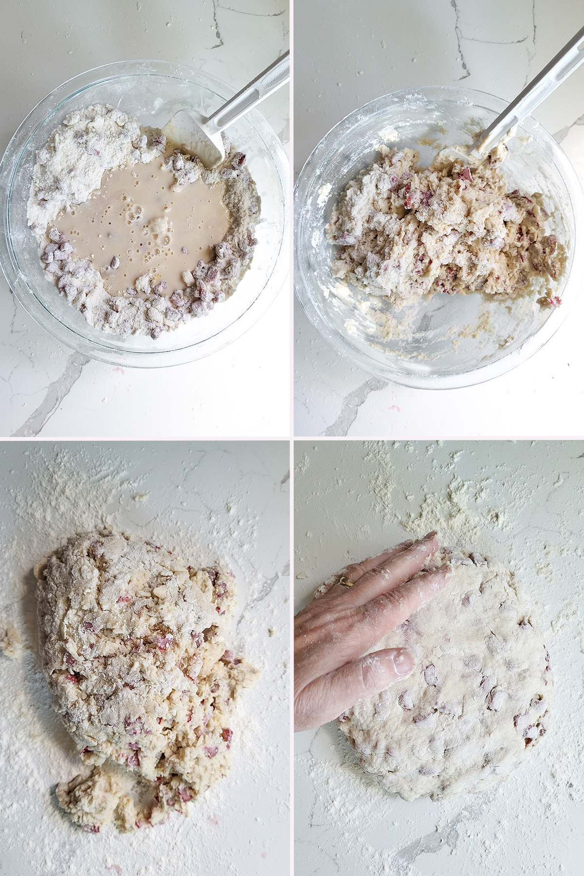 Mixing rhubarb scone dough and forming into a disc.