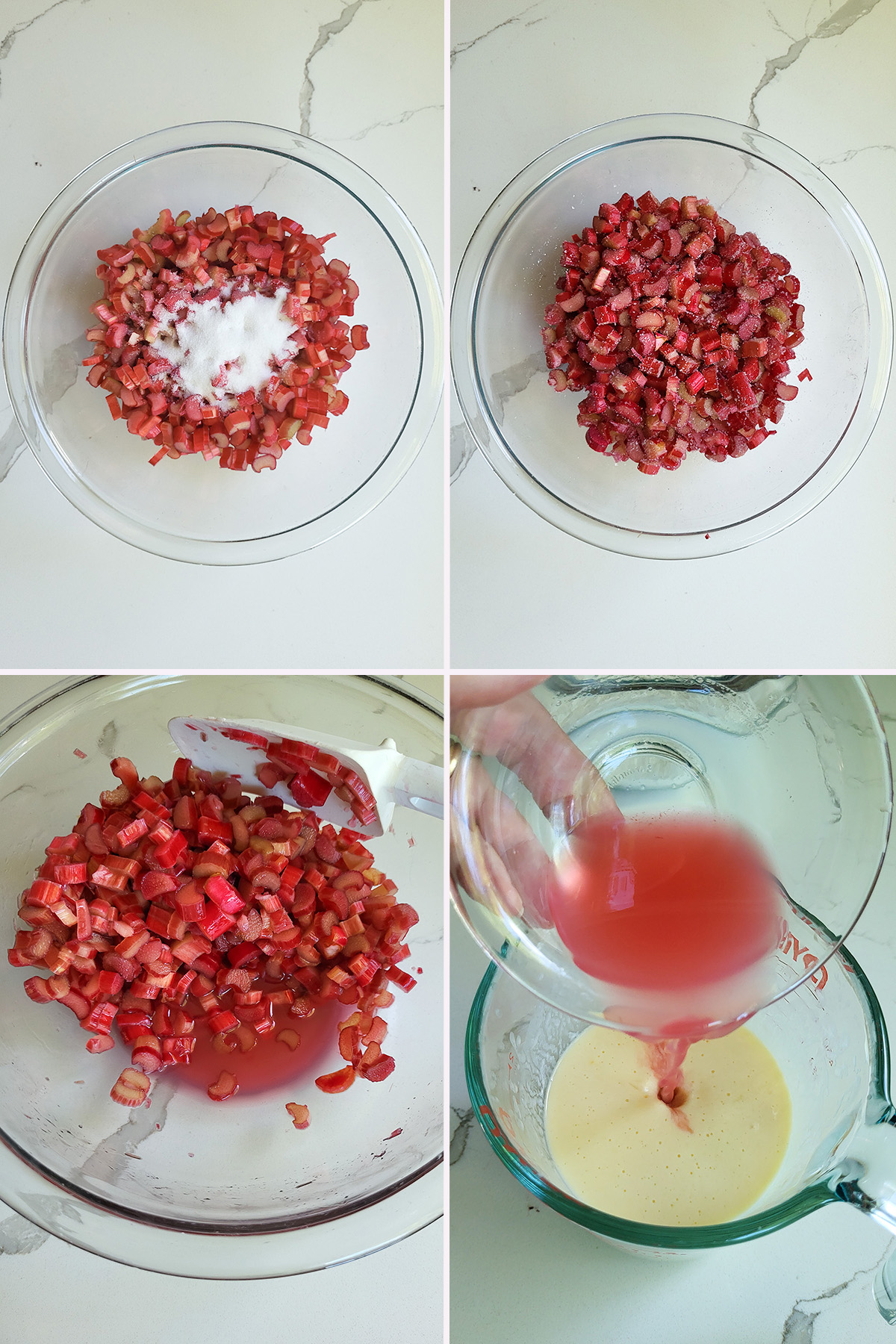 rhubarb and sugar in a glass bowl.