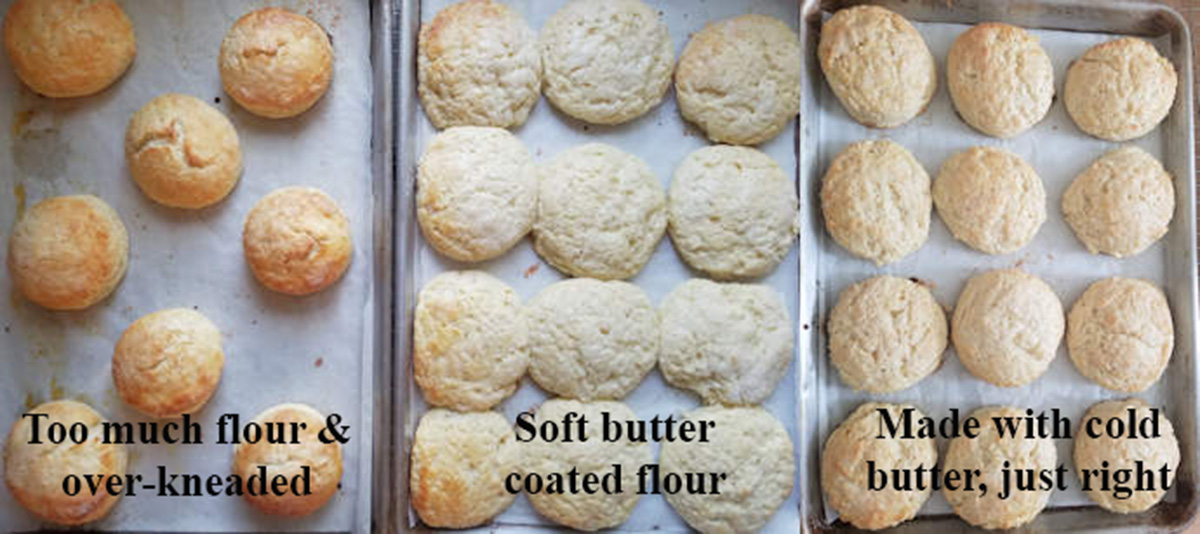 three tray of biscuits illustrating mixing mistakes.
