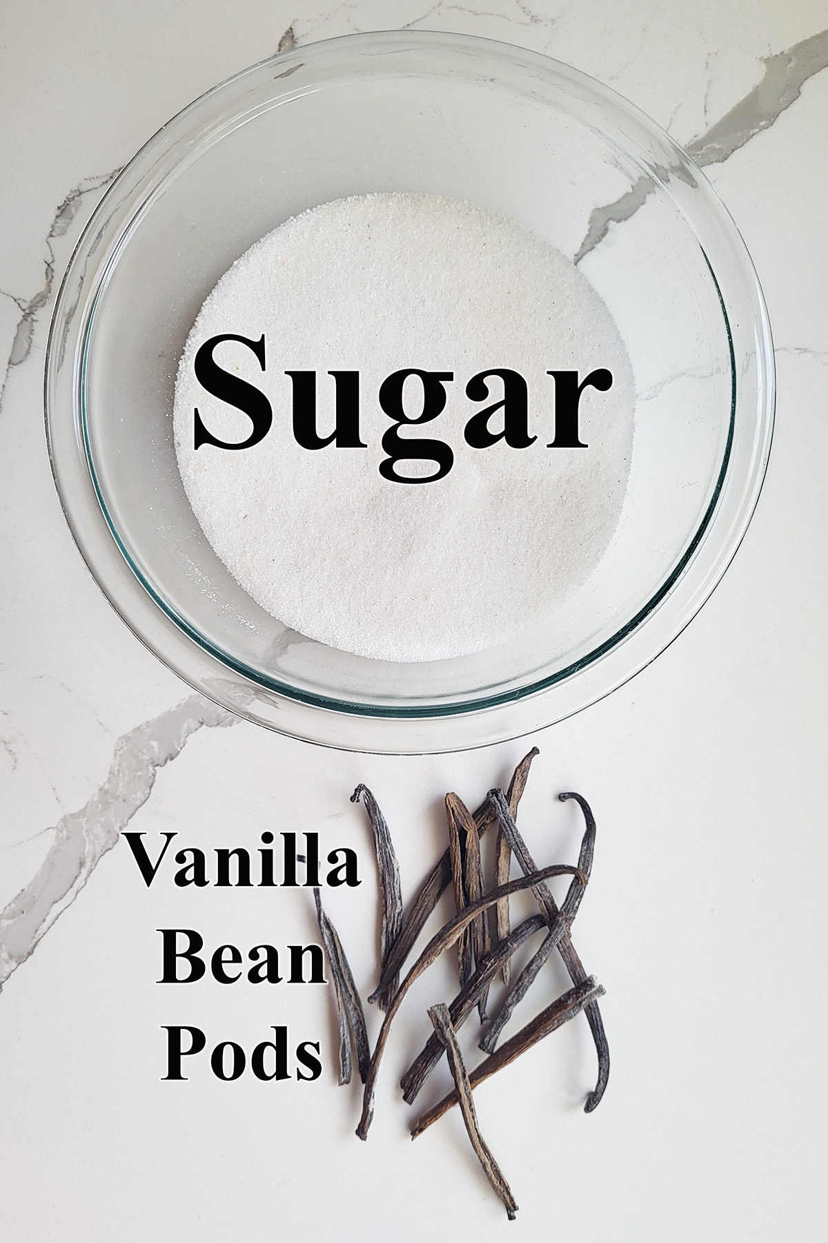 ingredients for vanilla sugar in glass bowls.