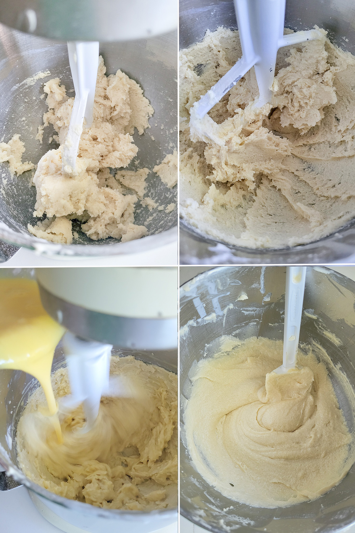 Cake batter in a mixing with eggs added.