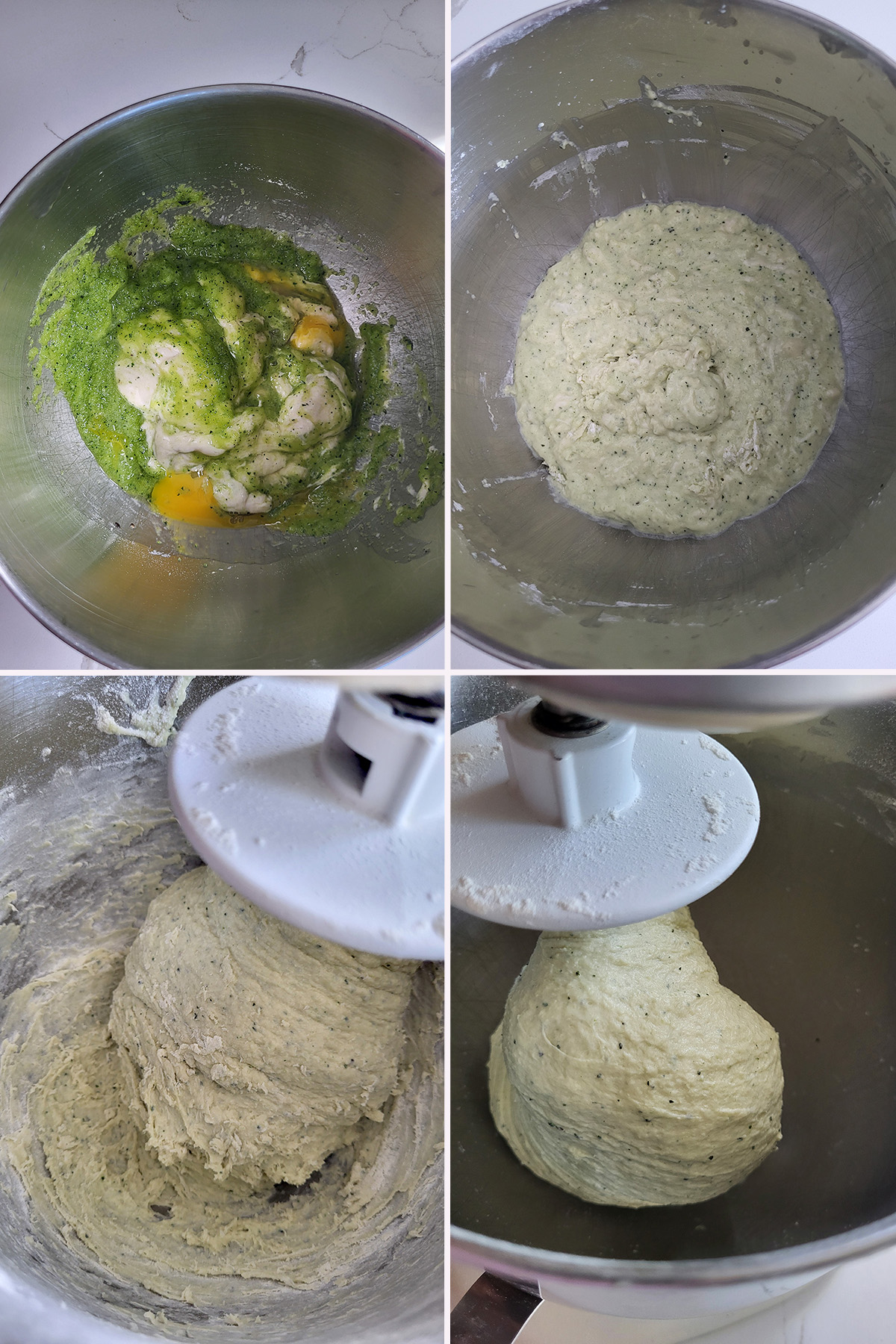 Zucchini bread dough in a mixer.