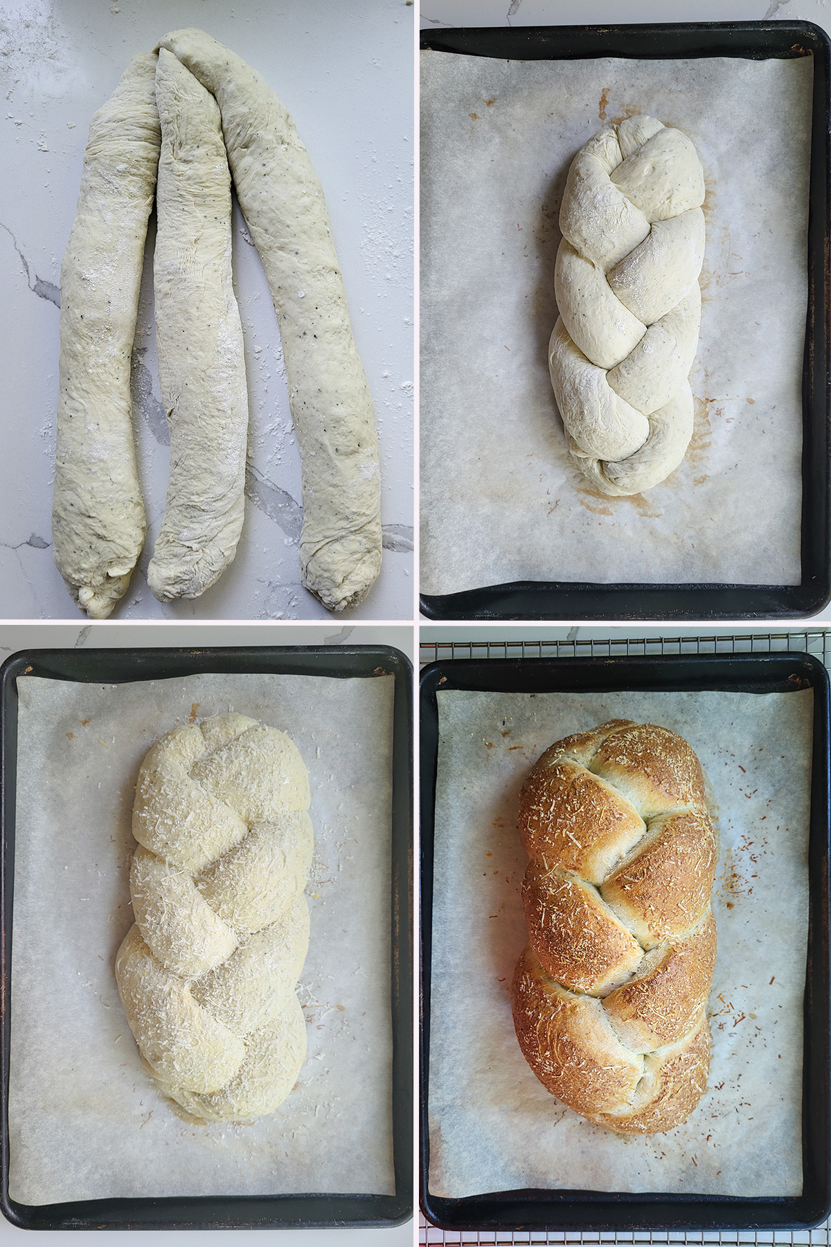 three pieces of dough braided into a loaf then baked on a sheet pan. 