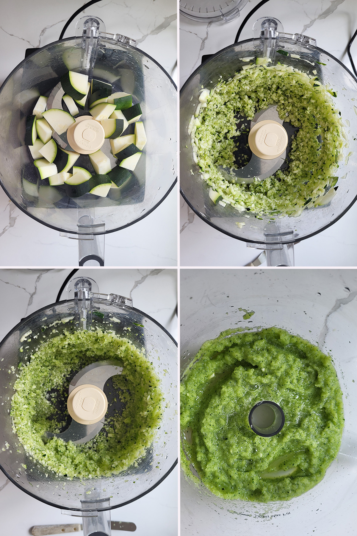 zucchini in a food processor starting as chunks and ending as a puree.