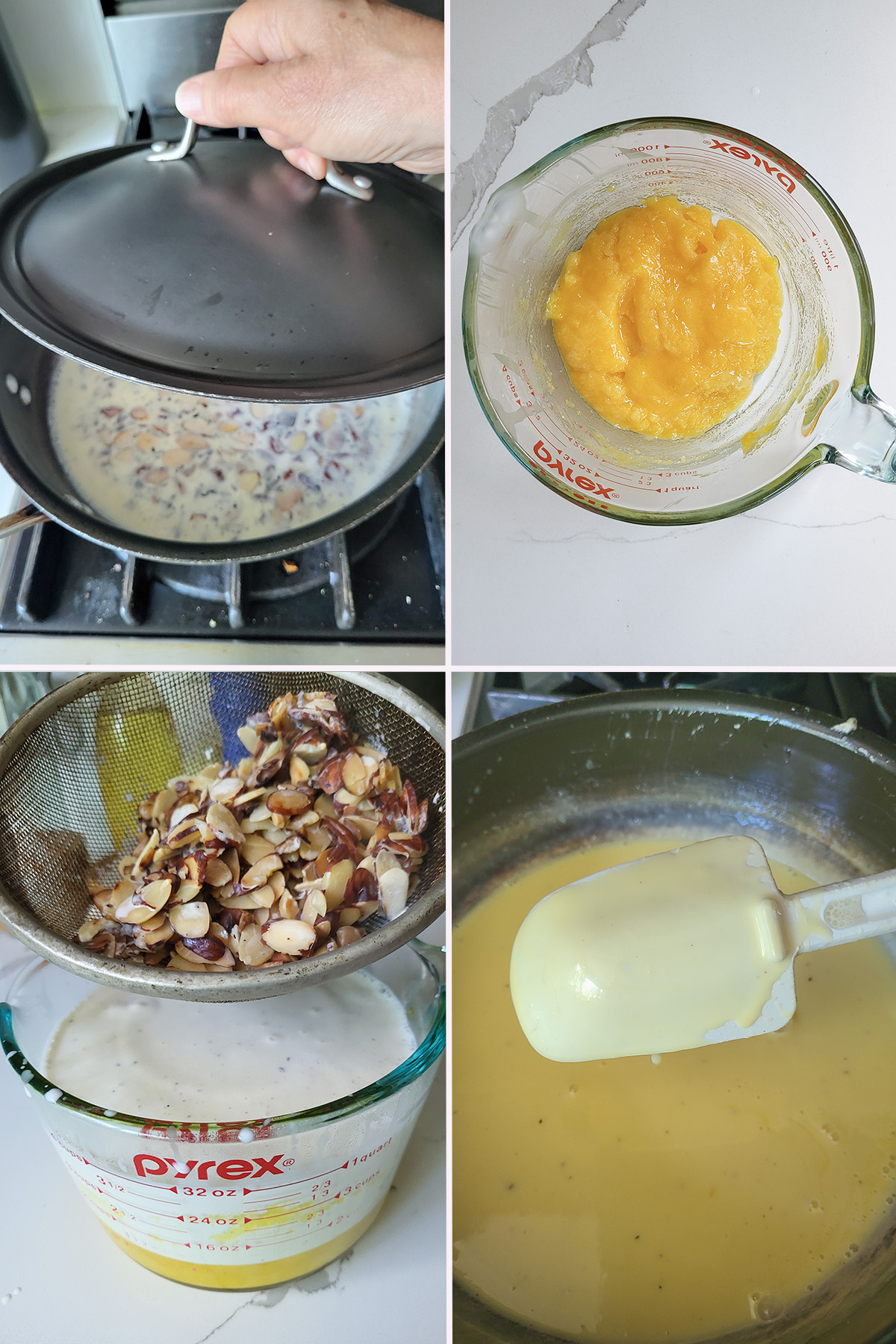 a pan with cream and almonds. a bowl of egg yolks. a pan of cooked custard.
