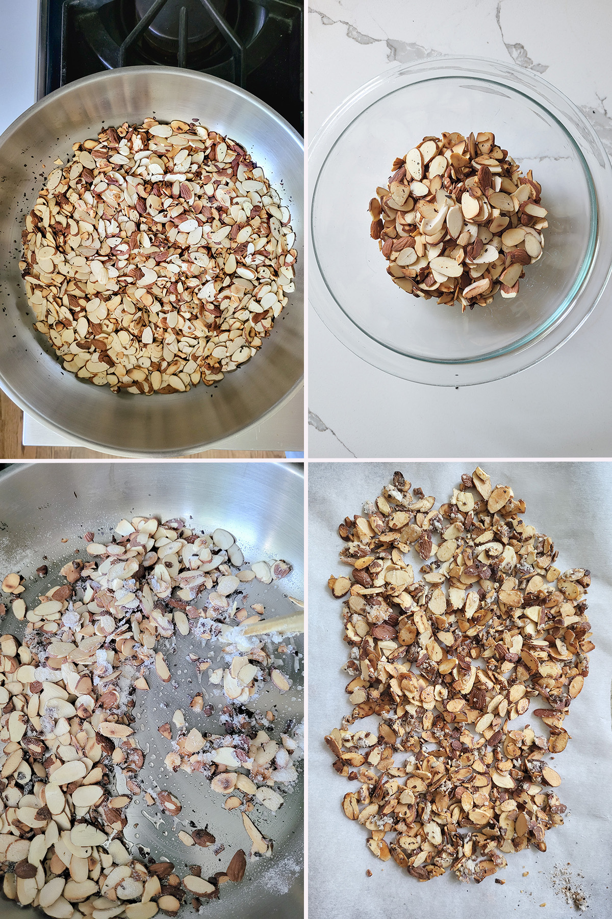 toasted almonds in a pan and in a bowl and on a tray.