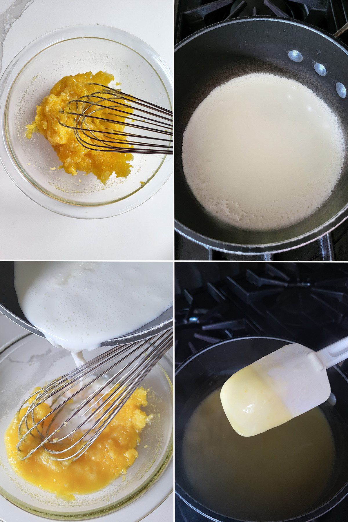 egg yolks in a glass bowl. Milk in a sauce pan. Milk pouring into yolks. Custard in pan.