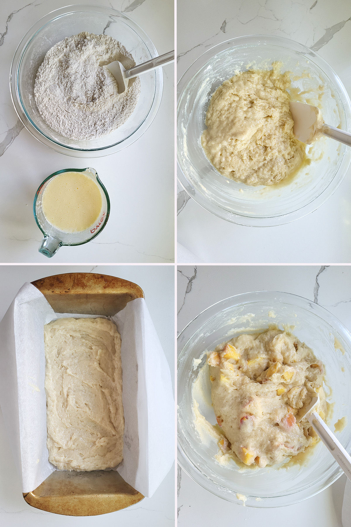 wet and dry ingredients. Batter in a bowl. Batter in a loaf pan. Batter with peach chunks in a bowl.