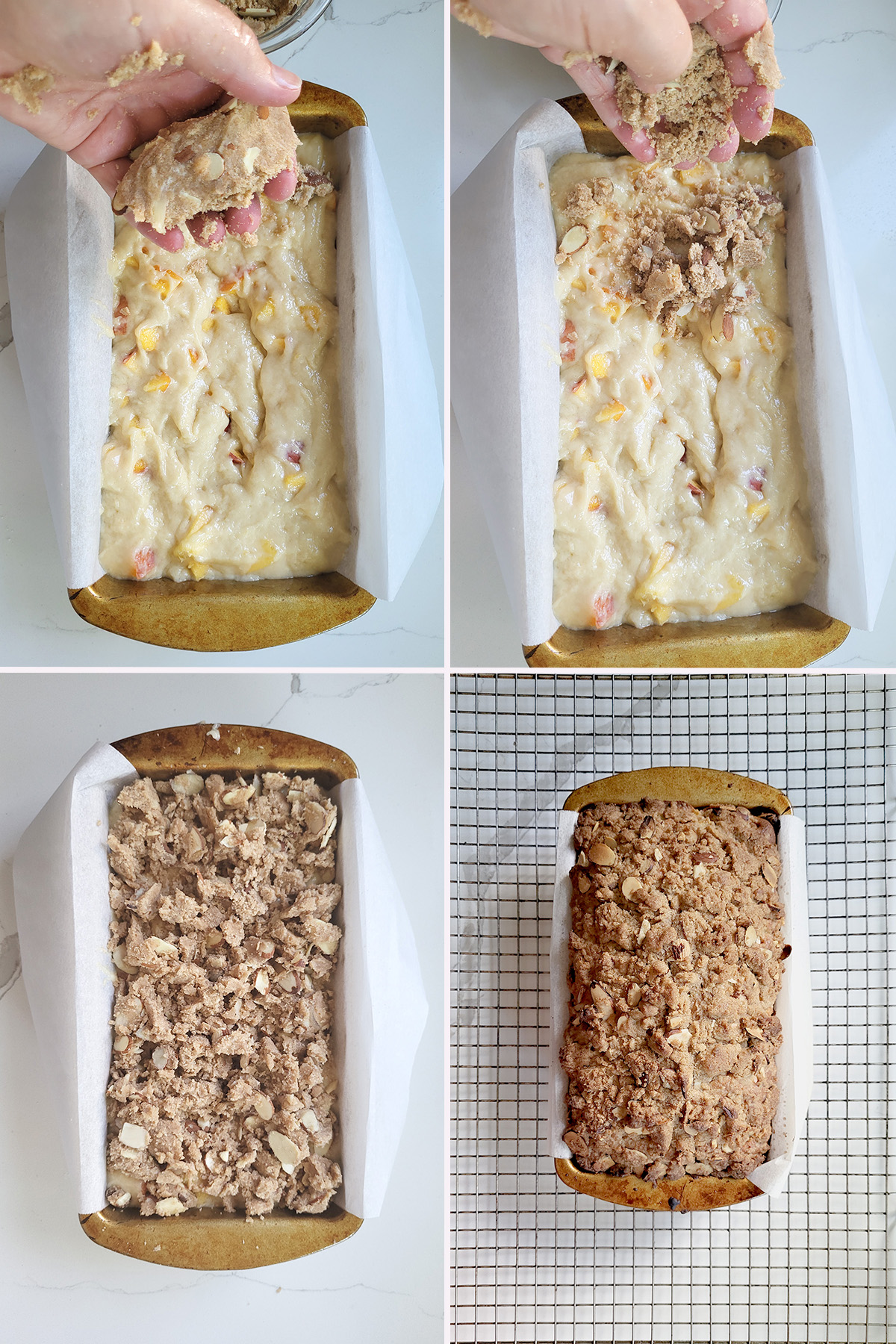 Crumbing topping over batter in a loaf pan. Peach bread before and after baking.