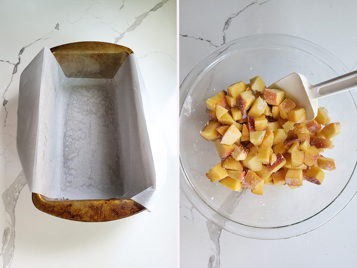 a loaf pan lined with paper and a bowl of chopped peaches.