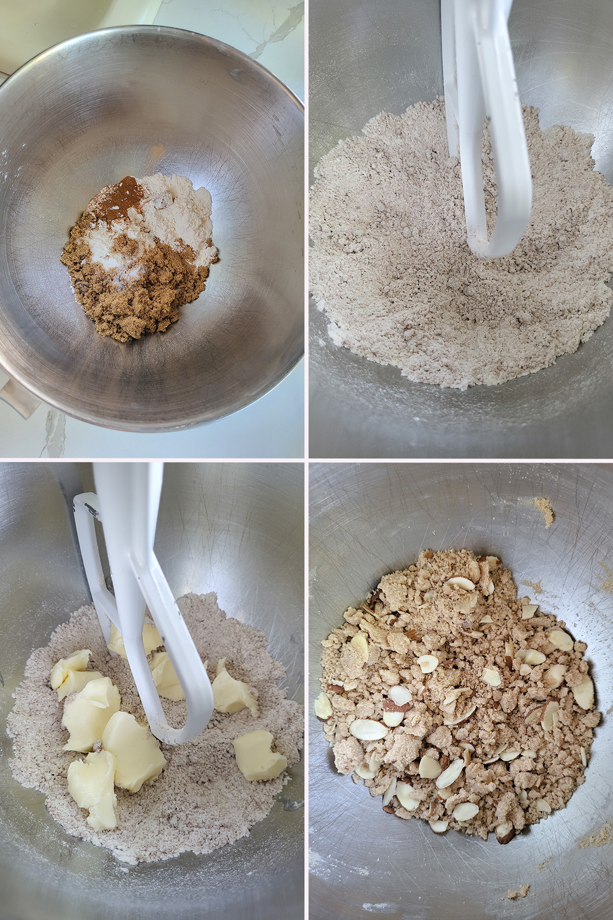 brown sugar crumbs with butter and almonds in a mixing bowl.