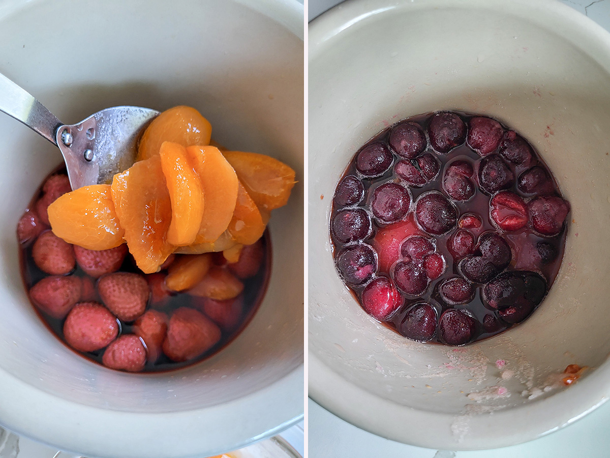 apricots and cherries with rum in a crock.