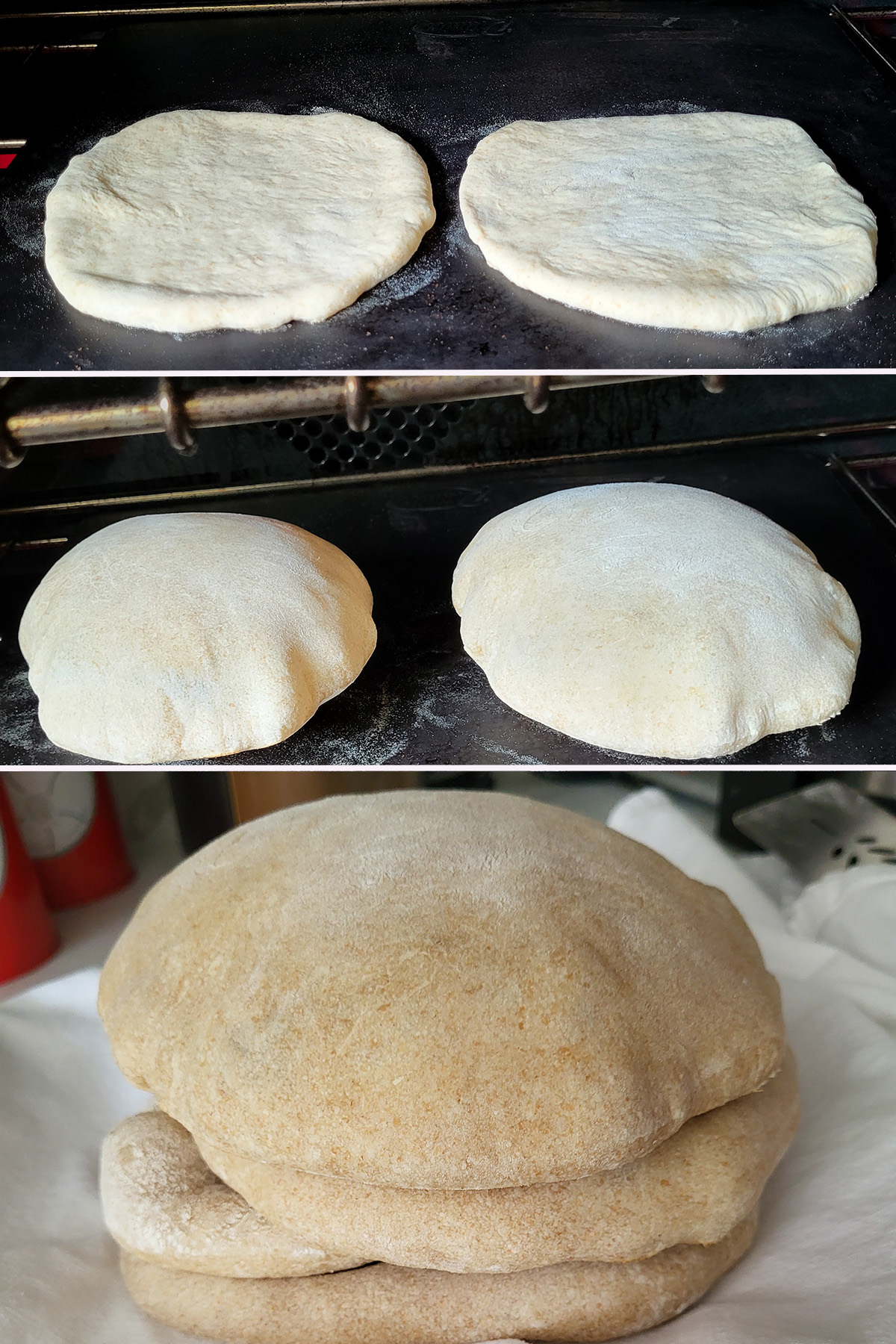 pita bread in the oven before and after puffing. a stack of pitas in a white towel.