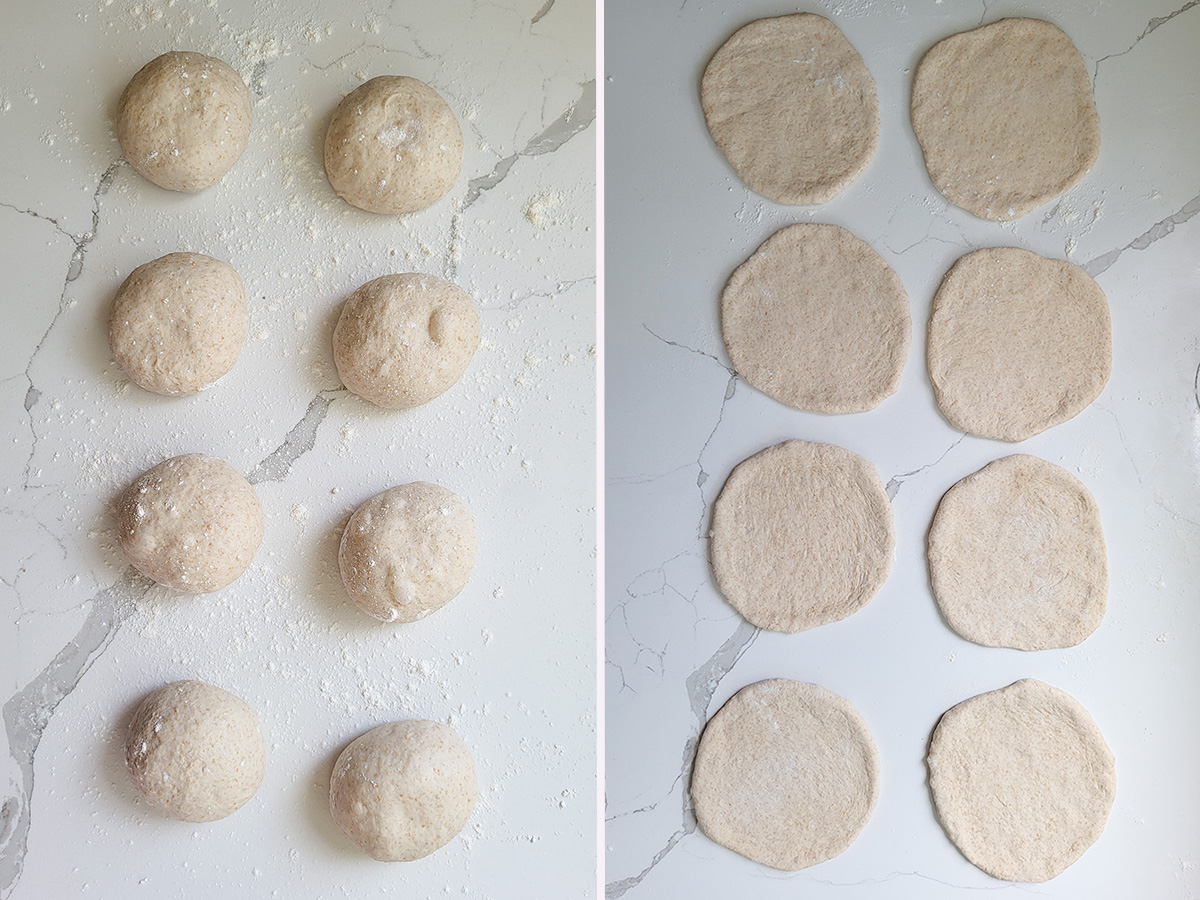 balls of whole wheat dough and rounds of whole wheat dough.